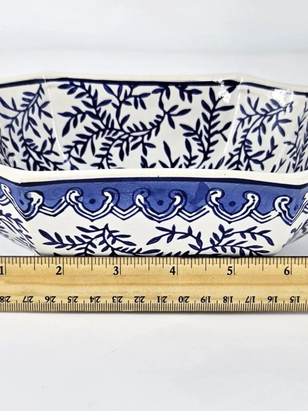 Blue & White Porcelain Chinoiserie-Inspired Foliage & Scroll Rectangular Bowl